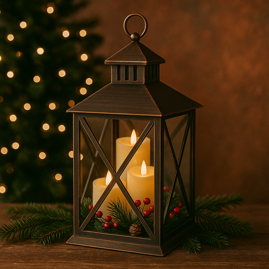 Felinar Decorativ Bronz Suspendabil cu 3 Lumanari LED Coronita de Pin Vasc 22x22x37cm