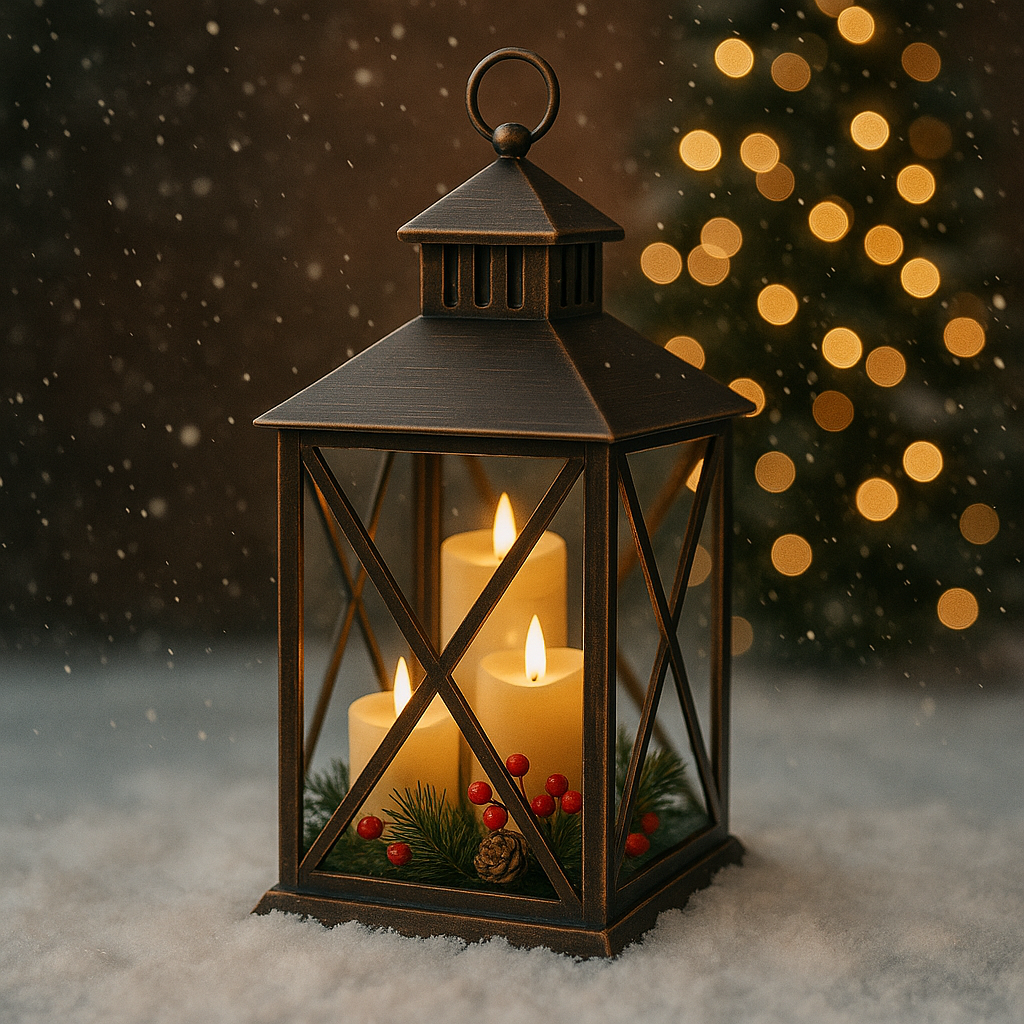 Felinar Decorativ Bronz Suspendabil cu 3 Lumanari LED Coronita de Pin Vasc 22x22x37cm