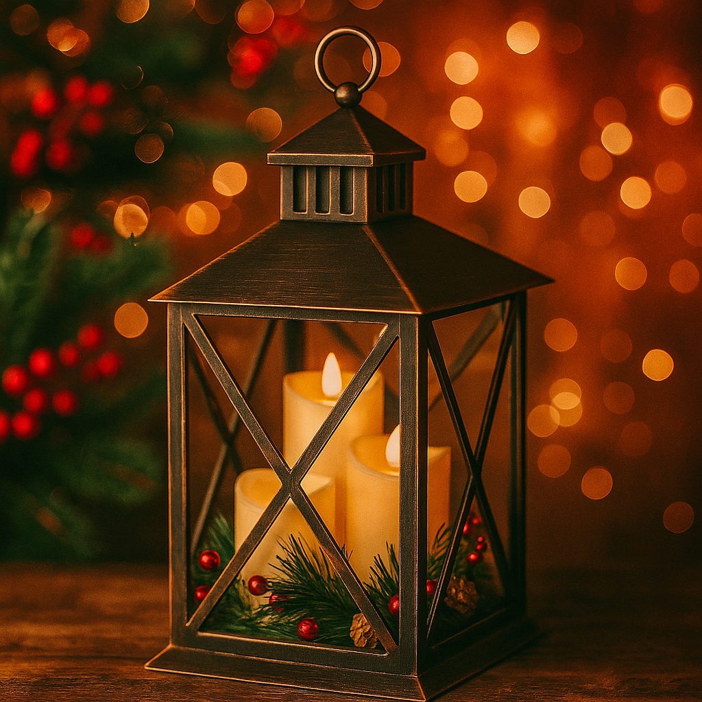 Felinar Decorativ Bronz Suspendabil cu 3 Lumanari LED Coronita de Pin Vasc 22x22x37cm